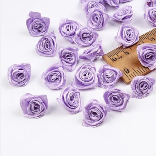Whakano 100 Stück Mini Künstliche Blumen Rosenköpfe 1,5cm,Satin Röschen zum Basteln,Blumen Applikationen,Deko-Rosen,kleine Rosenköpfe für Valentinstag,Muttertag,Hochzeit,Party,Home Deko,Helles Lila
