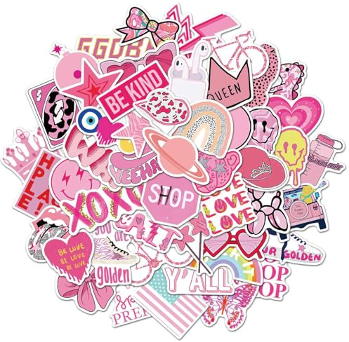 50pcs Pink Preppy Style Stickers,Waterproof Vinyl Decals Trendy Cool Sticker Set,Pink Cute Scrapbook Trendy DIY Decal for Girls Kids Luggage Laptop