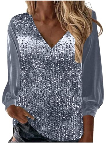 Women's UK Party Sequin Top - Sparkly V Neck Shimmer Tshirt Glitter Thermal Blouse Plus Size Velvet Evening Lounge Top