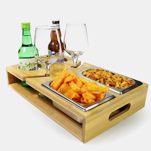 Sofatablett mit 2 Snackschale, Bambus Couch Tablett, Couchbar Snackbox,Couch Bar mit Getränkehalter, Snackbox Personalisiert, Couch Organizer Tablett, Sofa Butler Party Geschenk für Männer & Frauen