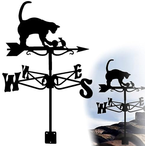 QIeAny Maus und Katze Spielen mit pelzballförmiger Windfahne, kreativ dekorierte Wetterfahne auf dem Dach, lustig + Schmiedeeisen + Winddicht + regenfest + lichtecht + Skulptur, für Hof/Garten,Black