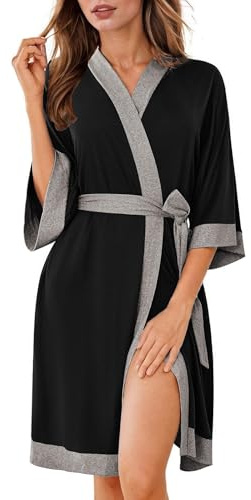 Ekouaer Robes for Women Knee Length Bathrobe Lightweight Kimono Robe 3/4 Sleeve Sleepwear with Pockets Black S