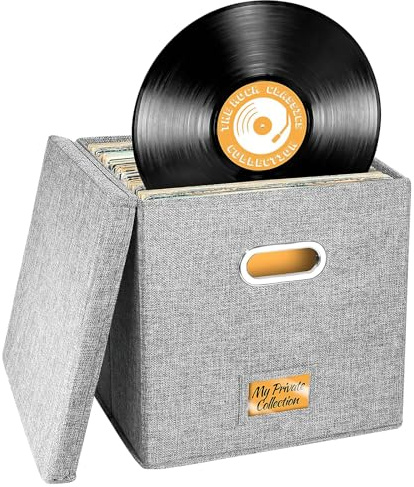 Aolawco Caja de almacenamiento de discos de vinilo de 12 pulgadas, estuche de almacenamiento de CD con tapa y asas, cajas de almacenamiento de LP plegables con capacidad para más de 100 discos