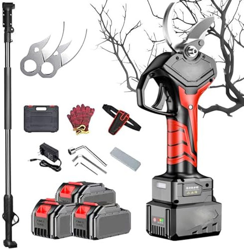 Tijeras De Podar Eléctricas, Tijeras De Podar De Largo Alcance con Poste Telescópico De 2,2 M, Diámetro De Corte De 70 Mm, con 3 Baterías Y 1 Cargador, Alimentadas para Setos, Arbustos, Huertos