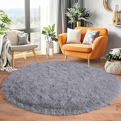 BSGIFT Teppich Rund 100 cm Grau, Shaggy Hochflor Teppich Wohnzimmer Flauschig, Modern Langflor Kuschelteppich Wohnzimmerteppich Bettvorleger High-Pile Carpet rutschfest für Kinderzimmer Schlafzimmer