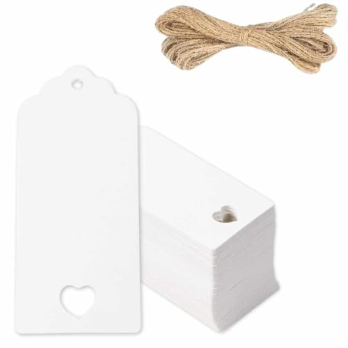 TECHZOCO Etiquetas de Papel Kraft para Regalo y Manualidades, Rectangulares con Corazón, 9 x 4 cm, con Cuerda Yute, 100 Unidades - Ideal para Navidad