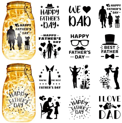 CREATCABIN 12Pcs Father's Day Silhouettes Mason Jar Decor Laser Cut Cardboard Die Cuts PVC Jars Scrapbook Decorations Lamp Film for DIY Crafting Light Hanging Lamp Frosted Glass-No Sticker 4x3.5Inch