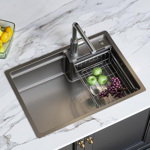 HOROW Spülbecken Edelstahl Küchenspülen, Waschbecken küche 1 Becke Einbauspüle, 62 x 44 cm, Spülbecken Küche inkl. Siphon Abtropfkorb, Geprägte Oberfläche - öl- und kratzfest