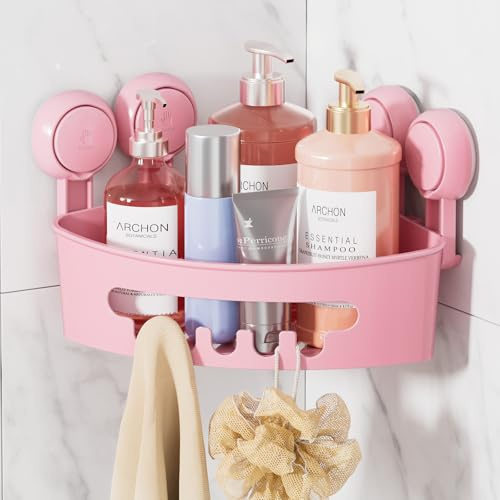 LEVERLOC Duschablage ohne Bohren Duschablage Saugnapf Ecke Extra Stark,Rosa | Saugnapf Dusche Organizer Große Kapazität Bad Organizer Ohne Bohren Badezimmer Zubehör für Shampoo Duschkorb Küche