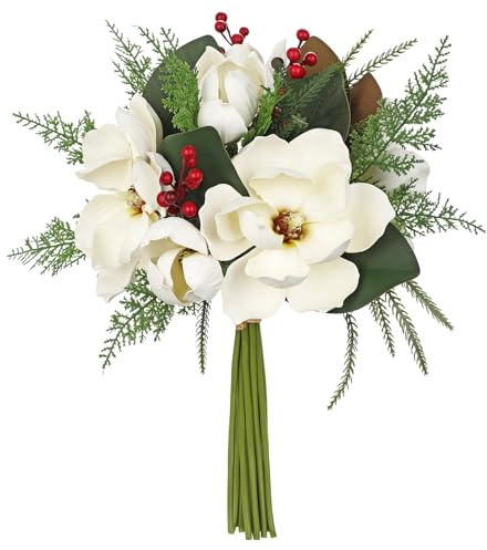 Oairse Kunstblumen Magnolienblumenstrauß Kunstpflanze Weihnachtsblumenstrauß Weihnachtsdeko mit Beeren und Farnblätter für Weihnachtsdekoration Wohnkultur Küche Esstisch Zimmerpflanze Tischdeko