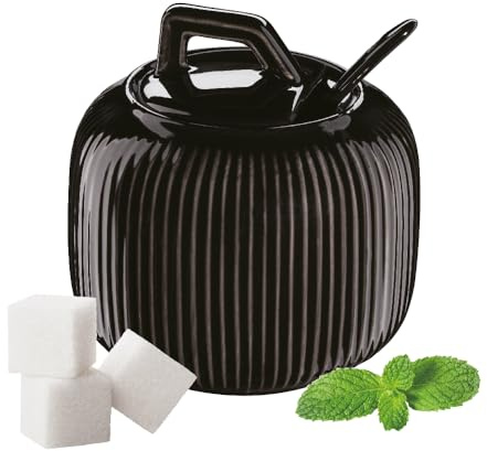 Pullmer Zuckerdose aus Keramik mit Deckel und einem Zuckerlöffel, Zuckerbehälter(Streifen Schwarz Glanz)