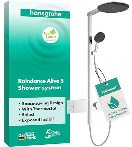 hansgrohe Raindance Alive S - wassersparendes Duschsystem (EcoSmart) mit Thermostat, Regendusche (300mm) mit Armatur, Handbrause (3 Strahlarten), Schlauch, Brausestange und Kopfbrause, Chrom, 24583000