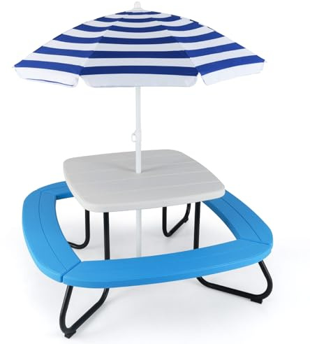 DREAMADE Kindersitzgruppe mit höhenverstellbarem Sonnenschirm, 2 in 1 Kindertisch mit 4 Bänken für 8 Kleinkinder, Kinder Gartenmöbel Indoor & Outdoor für Kinder ab 3 Jahren (Blau+Weiß)