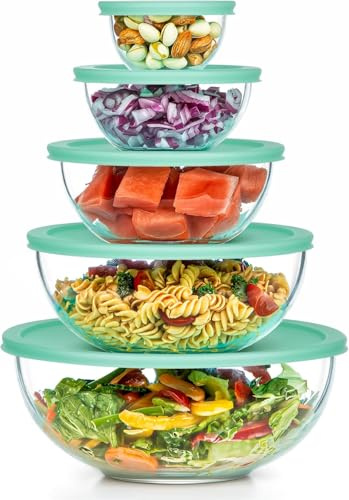 Vtopmart Ensemble de 5 saladiers avec couvercle, empilables en verre, 3,3 l, 2 l, 1 l, 0,47 l, 0,19 l, sans bisphénol A, lavables au lave-vaisselle et micro-ondes (sans couvercle), pour salade