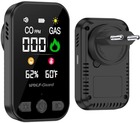 Wolf Guard 4 in 1 Rilevatore di Gas e Monossido di Carbonio con Spina per Casa, Rivelatore di Gas Combustibile per Gas Naturale LPG Metano Propano Butano, con Batteria, HD12 (nero)