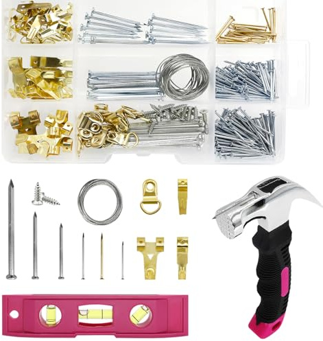 308Pcs Picture Hanging Kit, Hanging Hardware with Hooks, D Ring, Nails, Wire Wall Hanging Kits with Magnetic Level, Small Pink Claw Hammer for Hanging Pictures Frame Painting Home Office Wall Decor