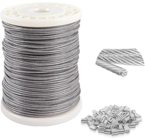 2mm steel wire, plastic coated steel cable 100m, 7x7 Strand Core Multi-Purpose Metal Cable for Gardens, Hanging, Outdoor Use, 150kg Breaking Strength with 100 Aluminum Loops