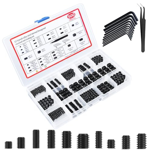 500 Pcs 25 Size Black Set Screw Assortment Kit, Alloy Steel Set Screws for Bathroom Fixtures Door Handles (M3-M8, 1/8-40 to 5/16-18)