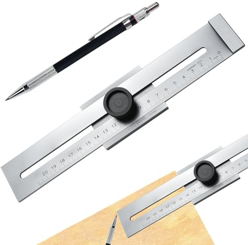 FuxFuis Präzisions Streichmaß mit Holzbearbeitungsstift, Kohlenstoffstahl Anreißlineal Praktisch Anreißwerkzeug Zimmerei Metall-Lineal für Präzises Markieren und Hilfslinien - 200mm Meßbereich