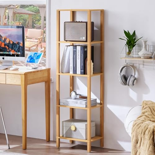 Fdouyo Badezimmer Regal Bambus 5 Ablagen Wohnzimmerregal 140x33cm Bad Küche Kinderzimmer Wohnzimmer Bücherregal Eckregal Mehrzweckregal