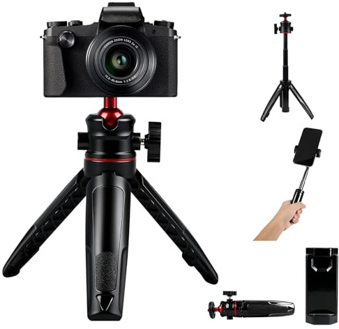 MT-08 Portable Camera Tripod Mini Tabletop With 1/4-20 Screw Selfie Stick Stand Handle Grip For Travel Sony ZV1/RX100 VII/RX1R II Canon G7X Mark Fujifilm X100V, Leica Q2 Webcam Smartphone Black