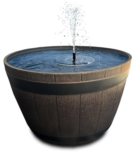 Solarbrunnen Set für draußen - 51 x 36 cm Holzfass-Optik Deko-Schale braun und schwimmende Solar Springbrunnen Fontäne - Outdoor Wasserspiel Garten-Brunnen als Balkon Vogeltränke Vogelbad