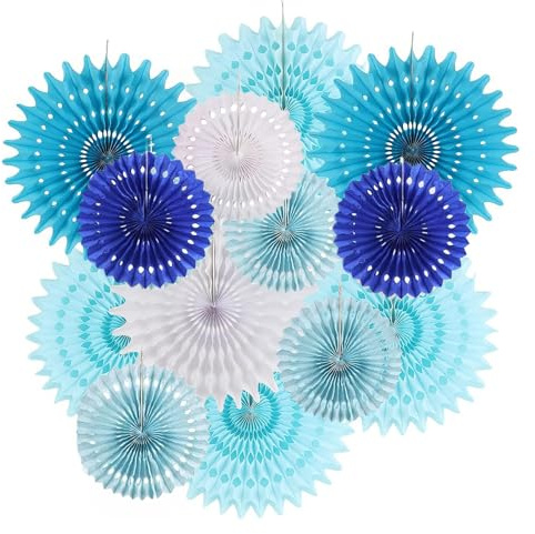 lioewhu Abanicos de Papel Plegables Decoracion, 13 Piezas Azul Abanicos de Paper para Fiestas, Abanicos de Papel Colgantes Redondos, Decoración para Acción de Gracias, Año Nuevo, Cumpleaños, Navidad