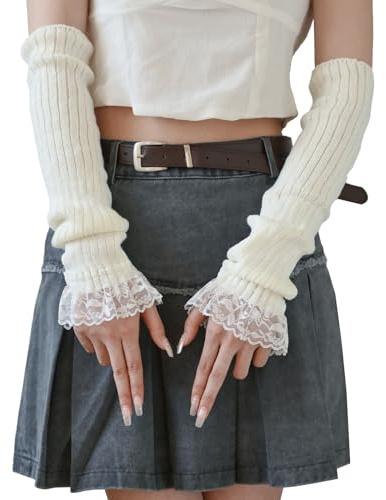 BrKern Armstulpen Damen Fingerlos, Weiß Y2K Armwärmer aus Weichem Vlies, Handstulpen für Winter, Party, Alltag, Club