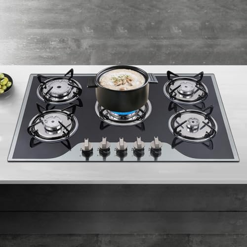 WFIETN - Gas Cooktop with 5 Burners, Built-in/Countertop Cooktops, LPG/NG Stove Cast Iron Hob Cooker, 77.5CM 5 Burner Gas Hob for Domestic Or Commercial Cooking In Homes or Restaurants