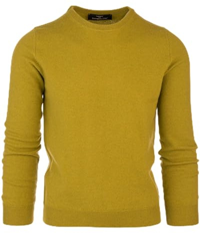 Cashmere Zone – Jersey de Hombre de Punto Cuello Redondo, Suéter Invierno Cálido de Manga Larga con 5% Cashmere, 25% Lana, 30% Viscosa y 40% Poliamida(L,Amarillo Mostaza)