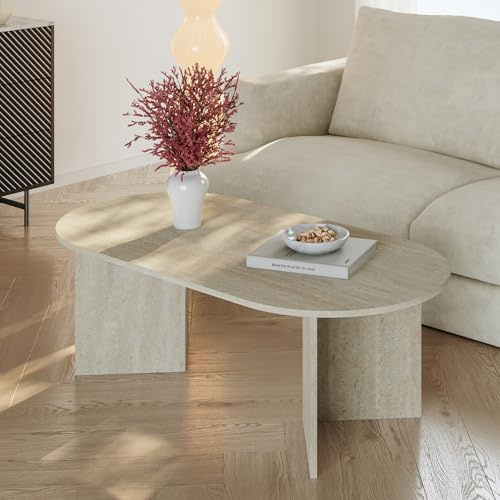 [en.casa] Mesa de Centro Kynd con Tablero Ovalado Diseño Elegante Mesita de Café Robusta Mesa de Salón Despacho Aglomerado con melamina 119 x 60 x 40 cm - Travertino