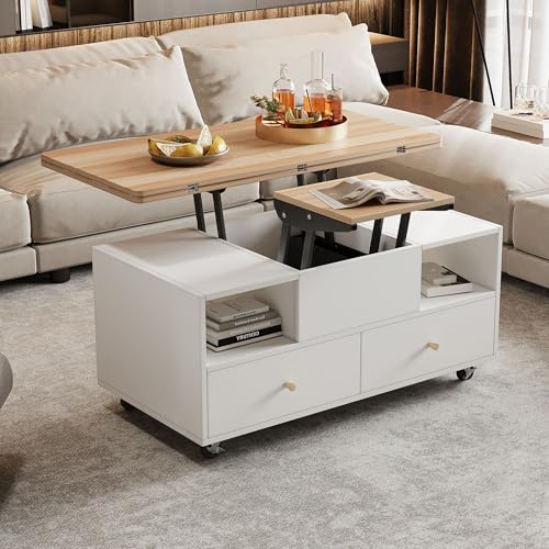 ModernLuxe Lift-Top Coffee Table,Extendable Centre Table with 4 Drawers & 2 Lift-Up Platforms,Coffee Table on Wheels for Living Room, White+Wood, 100×50×47.5cm