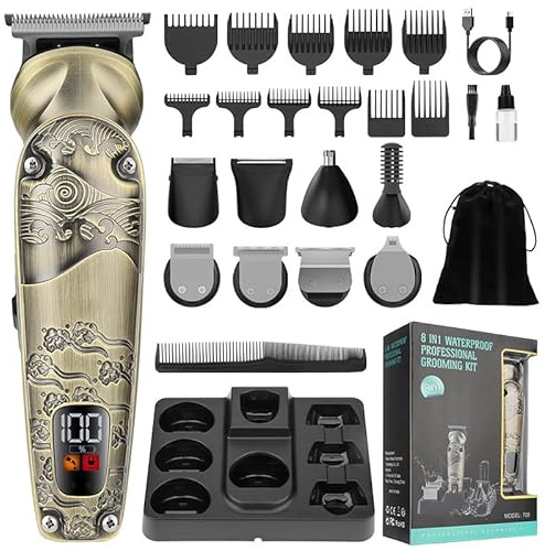 Dioche Tondeuse à Cheveux électrique Professionnelle 8 en 1, Tondeuse à Nez, Rasoir avec 8 Têtes Interchangeables, Affichage Intelligent de la Batterie LCD, Moteur à Couple élevé de 7