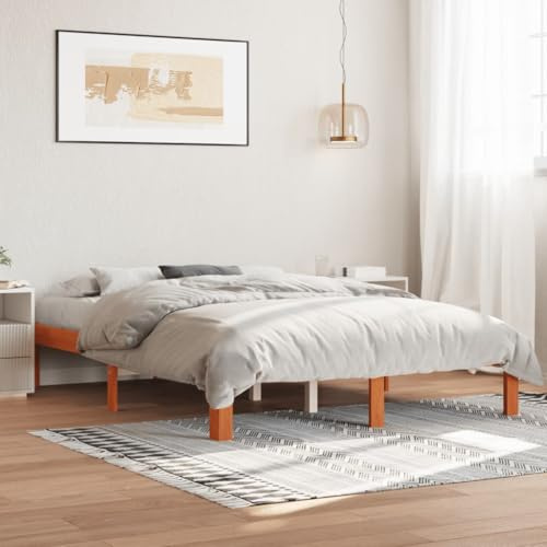 Ordellia Massiv träsäng, furu, vaxbrun, 135 x 190 cm, stabil sängram för sovrum, utan madrass, robust plattformssäng, möbler för hemmet