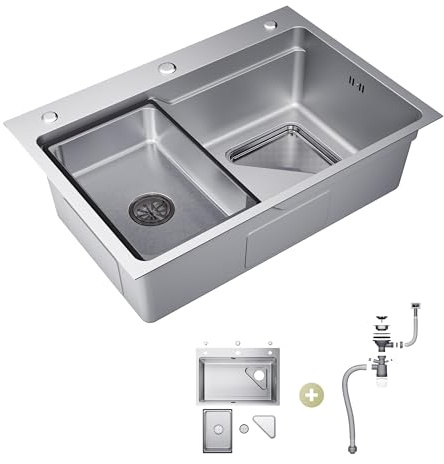 SIRHONA Evier Cuisine en Acier Inoxydable 70x48cm, avec Panier égouttoir, Passoire triangle, Lavabo Cuisine pour Meubles, Bord large à trois trous, avec Dernier Siphon et Trop-plein, Argent
