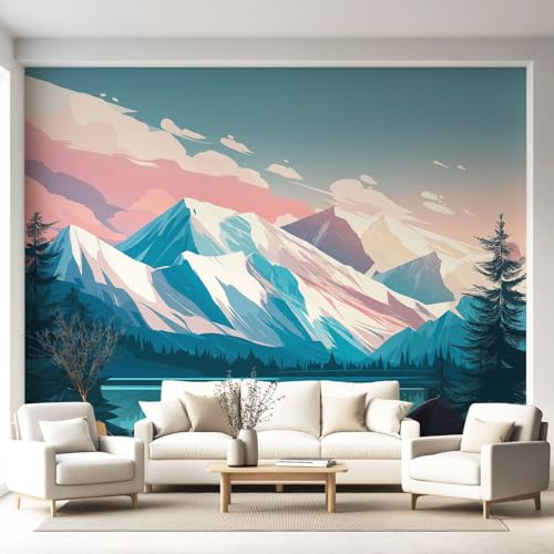 Fotomural Montañas nevadas lagos bosques Tono Blanco, Papel Pintado Panorámico para Pared Interior, Mural Decorativo para Hogar Habitación Salón y Estudio, Medida 450 x 315 cm