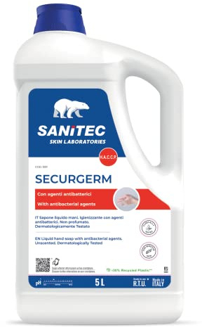 Sanitec, Securgerm, Sapone Liquido Igienizzante per le Mani, Detergente Liquido con 2 Antibatterici a pH 5.5, Dermatologicamente Testato, Made in Italy, Non profumato, 1 flacone da 5L 5000ml
