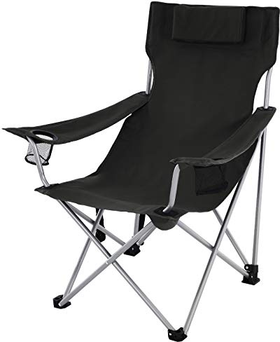 SONGMICS Vikbar campingstol, utomhusstol med armstöd, nackstöd och kopphållare, stabil struktur, max. kapacitet 150 kg, svart GCB09BK