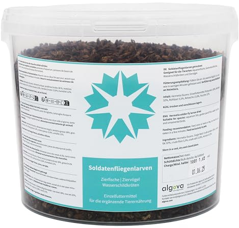 algova Hermetia Soldatenfliegenlarven getrocknet aus EU Produktion - Alternative zu getrockneten Mehlwürmern - Futter für Zierfische, Teichfische, Zier-Vögel, Reptilien (5L = 1,6 kg)