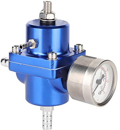 Regulador de presión de combustible universal, aleación de aluminio Regulador de presión de combustible universal FPR con manguera de calibre 0-140psi ajustable(azul)