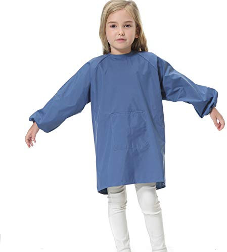 Yundxi Wasserdicht Malschürze Kinder Bastelkittel Kinderschürze Bastelschürze Langarm Malkittel Kinder Schürze (Denim Blau, Mittel)