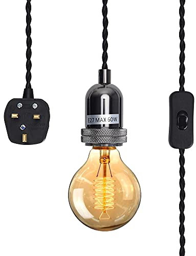 SHINY STAR Pendant Light Fitting Plug-in Haning Light Fitting, Black Nickle E27 Lamp Holder KIT Accessary, 4500MM Braided Twisted Cable with ON/OFF on Line Switch HT205BNK