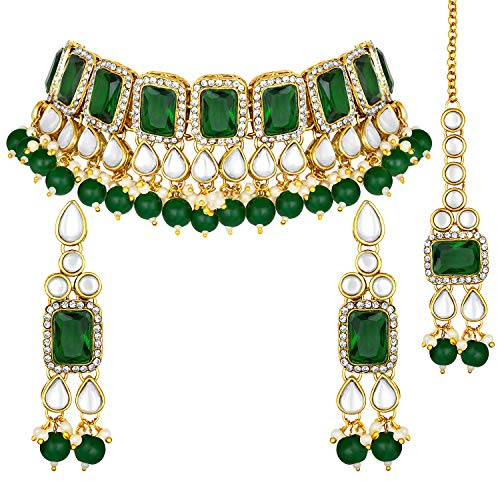 Aheli Traditional Faux Stone Nekclace Earrings Maang Tikka Bollywood Wedding Bharatanatyam jewellery Set Gift for Women (Green)