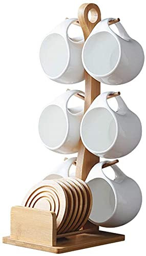 Ensemble De Tasses À Expresso, Tasse À Café En Céramique De 6 Oz Avec Soucoupes En Bois Et Support À 6 Crochets, Pour Comptoirs De Cuisine, Convient À Expresso, Café Au Lait, Café, Moka