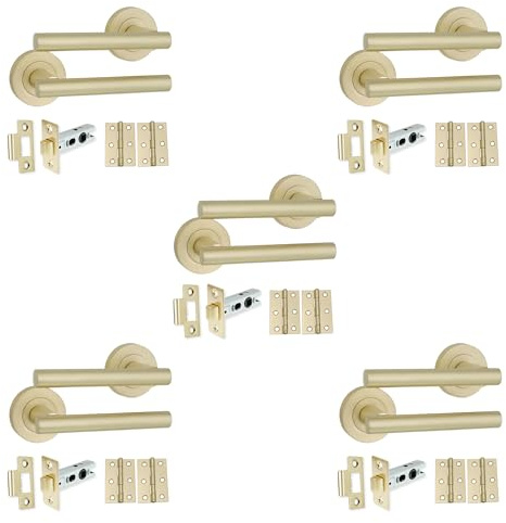 Infinity Decor 5 set T-stång satin mässingsspak på ros inre dörrhandtag – spärr & gångjärnspaket
