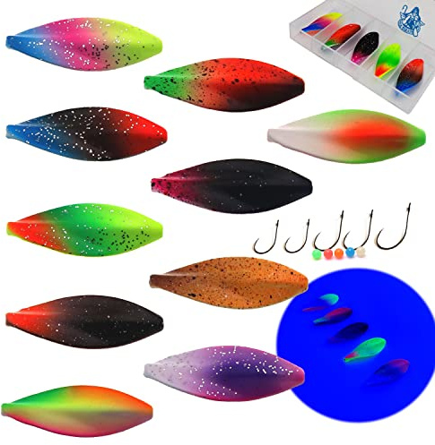 Njord Kalastus Inline Spoon Forelle Komplettset mit 5X Haken und 5X Perlen in Box 4g | UV Aktiv | Durchlaufblinker Forellenköder Inliner Spoon Inline Durchlauf Spoons