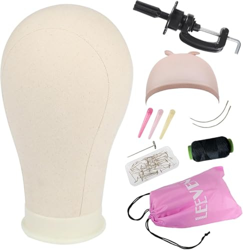 Leeven 21 Inch Canvas Wig Head Mannequin Head with T Pins and Clamp Stand Canvas Block Head for Wig Making/Display/Styling 21 Inch