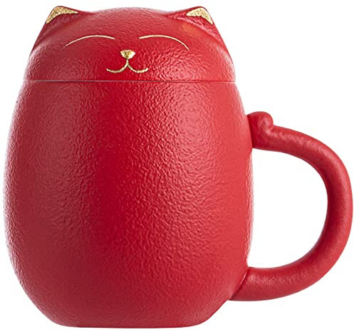 Liywall - Ceramic Tea Mug with Infuser and Lid, Cat Design Handmade Porcelain Tea Cup Strainer With Portable Shockproof Storage Case for Travel Office Home,Wife Girlfriend Gift - Red