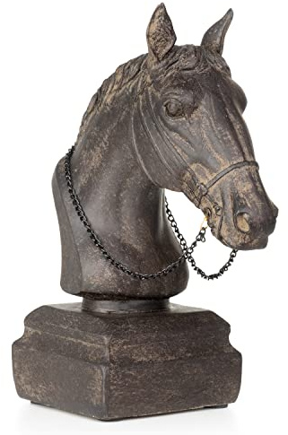Moritz Pferdekopf Büste Skulptur 19 cm Polyresin Dunkelbraun Bronze Optik | Detailreiche Pferdestatue mit Trensenkette, antiker Metall-Look, edle Tierfigur, Geschenk für Reiter und Pferdefreunde