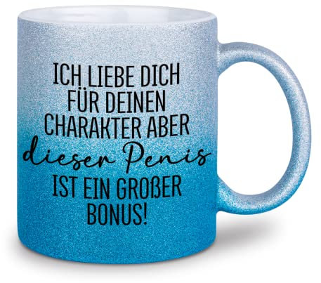 glitzertassen.de® | Ich liebe dich für deinen Charakter und deinen Penis | Tasse mit Glitzer | Geschenkidee | Valentinstag | Liebe | Kaffeetasse | lustige Sprüche | Versaut | Silberblau